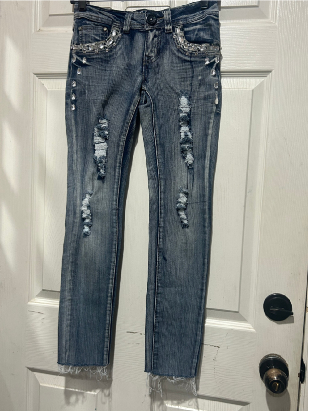 Women's R&L Jeans Collection Embellished Distressed Skinny Jeans Blue